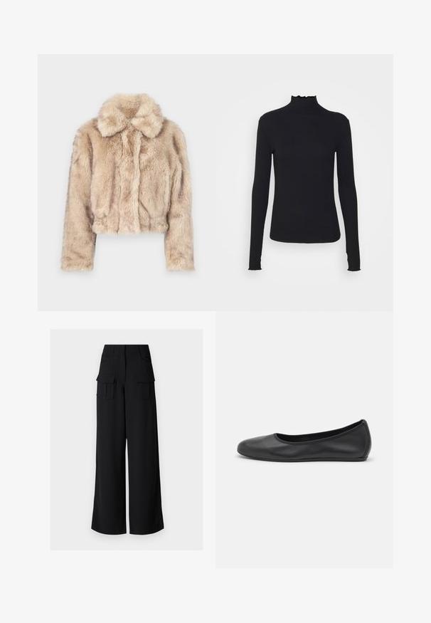 Šviesiai bežinė trumpa dirbtinio kailio striukė, su įpjovimu ant apykaklės, minkšta, pūkuota tekstūra, ilgomis rankovėmis ir aptemptu apvadu.; Juodas ilgomis rankovėmis turtleneko tipo viršus, pagamintas iš lygaus audinio, su raukšlėtu kaklu ir prigludusia siluetu, turinčiu paprastus kraštus.; Juodi plačios kojinės kargo kelnės su lygiu paviršiumi, turinčios dvi priekines kišenes ir dvi dideles kargo kišenes šoninėse.; Juodai odiniai baletai su apvaliu pirštu, lygi texture, minimalus siuvimo detales ir lanksčiu padų dizainu.