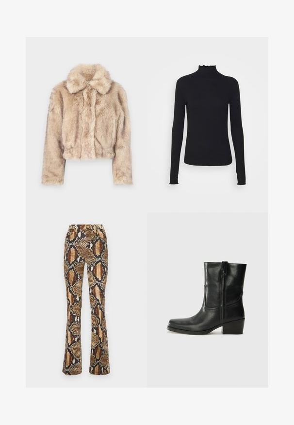 Izgriezta mākslīgā kažokādas jaka gaiši beidzē, ar iegriezumu apkakli un mīkstu, pūkainu tekstūru, ar garām piedurknēm un pieguļošu apakšmalu.; Melnas garām piedurknēm turtleneck blūze, izgatavota no gludas auduma, ar krokotu apkakli un pieguļošu siluetu, kas ir ar vienkāršām malām.; Roberto Cavalli TROUSERS - Pieguloša piegriezuma džinsi - brown; Melna ādas potīte ar noapaļotu purngalu, bloku papēdi, sānu rāvējslēdzēju un šuvju akcentiem uz virsmas. Gluda tekstūra, klasiskā dizaina.