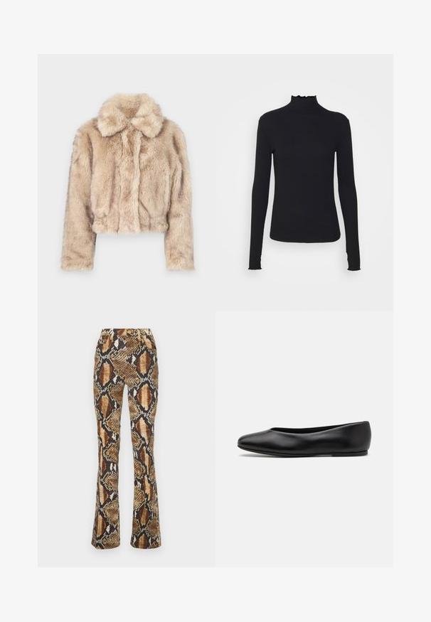 Zkrácená bunda z umělé kožešiny ve světle béžové barvě, s klopovým límcem a měkkou, nadýchanou texturou, dlouhými rukávy a přiléhavým lemem.; Černý dlouhý rukáv rolák vyrobený z hladkého materiálu, s volánkovým límcem a přiléhavým střihem s jednoduchými okraji.; Roberto Cavalli TROUSERS - Džíny Slim Fit - brown; Paul Smith TOPANGA - Klasické baleríny - black