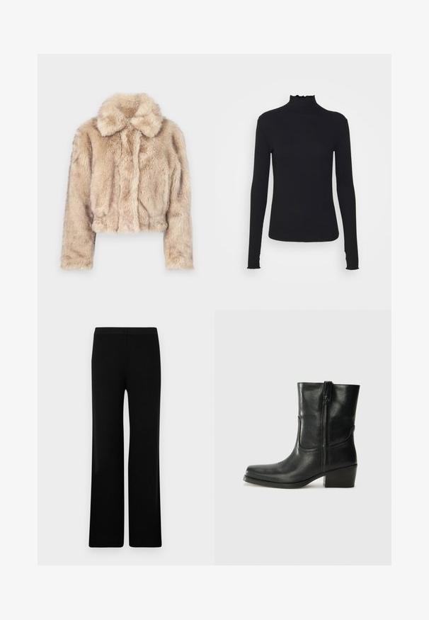 Zkrácená bunda z umělé kožešiny ve světle béžové barvě, s klopovým límcem a měkkou, nadýchanou texturou, dlouhými rukávy a přiléhavým lemem.; Černý dlouhý rukáv rolák vyrobený z hladkého materiálu, s volánkovým límcem a přiléhavým střihem s jednoduchými okraji.; Černé kalhoty s širokým střihem, hladkým povrchem a elastickým pasem, s ribbovaným vzorem. Jednoduchý a univerzální střih.; Černá kožená kotníková bota s kulatou špičkou, blokovým podpatkem, bočním zipem a prošíváním na svršku. Hladký povrch, klasický design.
