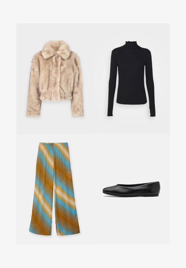 Cropped faux fur jacket in light beige, featuring a notched collar and soft, fluffy texture with long sleeves and a fitted hem.; Black long-sleeve turtleneck top made of smooth fabric, featuring a ruffled neck and fitted silhouette with simple edges.; Wide-leg trousers featuring a multicolored striped pattern in brown, light blue, and cream. Constructed from a lightweight fabric with an elastic waistband.; Paul Smith TOPANGA - Ballet pumps - black