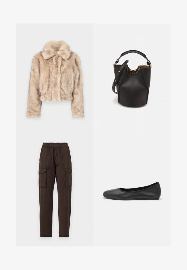 Cropped faux fur jacket in light beige, featuring a notched collar and soft, fluffy texture with long sleeves and a fitted hem.; Black long-sleeve turtleneck top made of smooth fabric, featuring a ruffled neck and fitted silhouette with simple edges.; Brown cargo pants with an elastic waistband, two large front pockets, and a tapered leg design. Made of lightweight fabric with a matte texture.; Black leather ballet flat with a rounded toe, smooth texture, minimal stitching detail, and a flexible sole design.; Black leather bucket bag with a textured finish, gold hardware accents, and an open top. Features a short handle and adjustable shoulder strap.