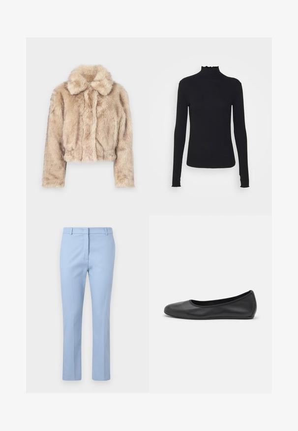Veste en fausse fourrure coupée de couleur beige clair, avec un col cranté et une texture douce et pelucheuse, à manches longues et à ourlet ajusté.; Haut à manches longues noir en col roulé, fabriqué en tissu lisse, présentant un col volanté et une silhouette ajustée avec des bords simples.; Pantalons ajustés bleu clair avec une taille plate, deux poches latérales et une coupe slim au tissu lisse.; Ballerines en cuir noir avec un bout rond, texture lisse, détails de couture minimalistes et design de semelle flexible.