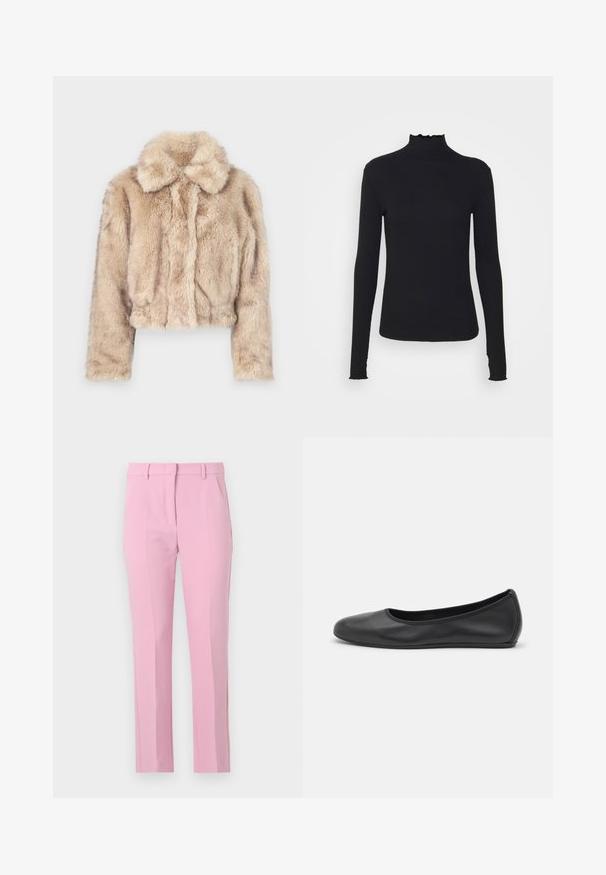 Šviesiai bežinė trumpa dirbtinio kailio striukė, su įpjovimu ant apykaklės, minkšta, pūkuota tekstūra, ilgomis rankovėmis ir aptemptu apvadu.; Juodas ilgomis rankovėmis turtleneko tipo viršus, pagamintas iš lygaus audinio, su raukšlėtu kaklu ir prigludusia siluetu, turinčiu paprastus kraštus.; Rožinės pritaikytos kelnės su lygiu paviršių, pasižyminčios vidutinio juosmens aukščiu, dviem priekinėmis klostėmis ir tiesiu kirpimu. Nematomos kišenės.; Juodai odiniai baletai su apvaliu pirštu, lygi texture, minimalus siuvimo detales ir lanksčiu padų dizainu.