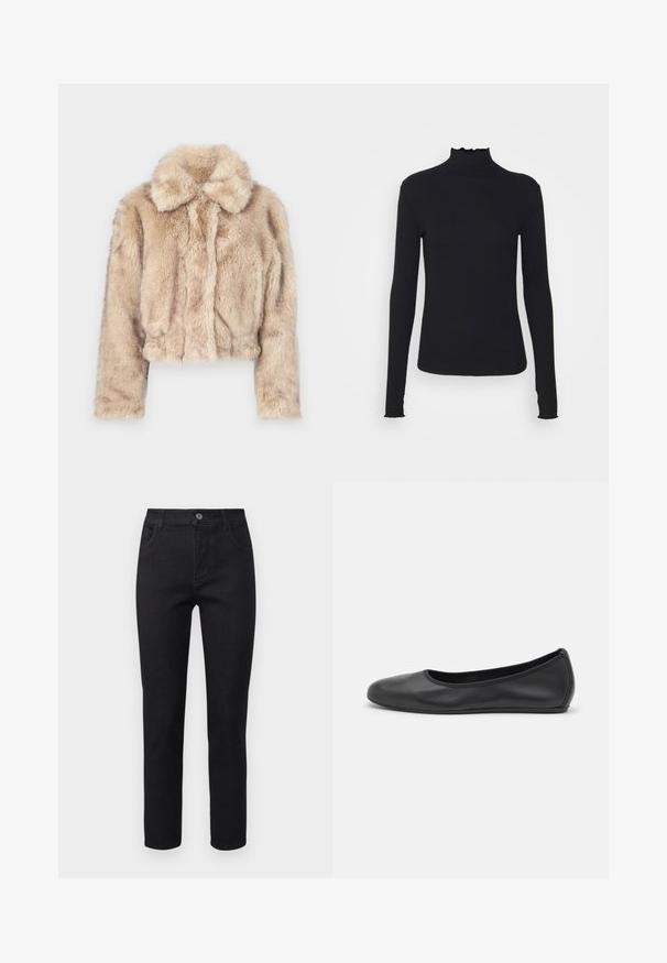 Izgriezta mākslīgā kažokādas jaka gaiši beidzē, ar iegriezumu apkakli un mīkstu, pūkainu tekstūru, ar garām piedurknēm un pieguļošu apakšmalu.; Melnas garām piedurknēm turtleneck blūze, izgatavota no gludas auduma, ar krokotu apkakli un pieguļošu siluetu, kas ir ar vienkāršām malām.; Melnas džinsus ar taisnu piegriezumu, piecu kabatu dizainu un pogu aizdari. Audumam ir gluda tekstūra un neliela stiepjamība.; Melna ādas baleta kurpe ar noapaļotu purngalu, gludu tekstūru, minimālu šuvju detalizāciju un elastīgu zoles dizainu.