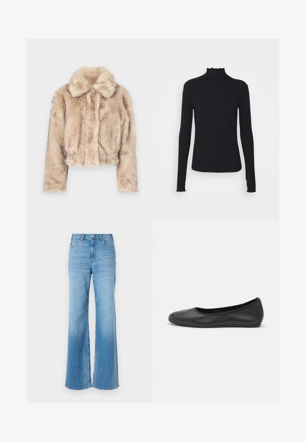 Lühike vale karusnahast jakki heledas beežis, millel on sakilise kaeluse ja pehme, karvane tekstuur, pikkade varrukate ja kitsaste servadega.; Must kannus varrukatega turtleneck, mis on valmistatud siledast kangast, koos rippuvate kraede ja liibuva siluetiga, millel on lihtsad servad.; Heledad sinised laiad püksid kõrge vöökohaga, millel on tikandiga detailid ja nupuga sulg. Sile tekstuur ja kerge pleekimine.; Musthave mustika tantsutossud mustast nahast, ümmarguse varbaga, siledast tekstuurist, minimaalse õmblusdetailiga ja paindliku tallakujundusega.