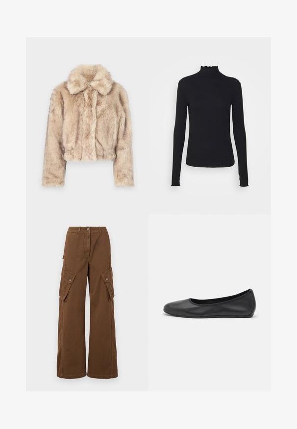 Gekürzter Kunstfellmantel in hellem Beige, mit einem Reverskragen und weicher, flauschiger Textur, langen Ärmeln und enganliegendem Saum.; Schwarz, langärmliges Turtleneck-Oberteil aus glattem Material, mit einem gerafften Kragen und einer enganliegenden Silhouette mit einfachen Kanten.; WEEKEND MaxMara LUCY HALE ELVY - Cargohose - marrone; Schwarze Leder-Ballettschuhe mit abgerundeter Spitze, glatter Textur, minimalen Nähdetails und einem flexiblen Sohlen-Design.