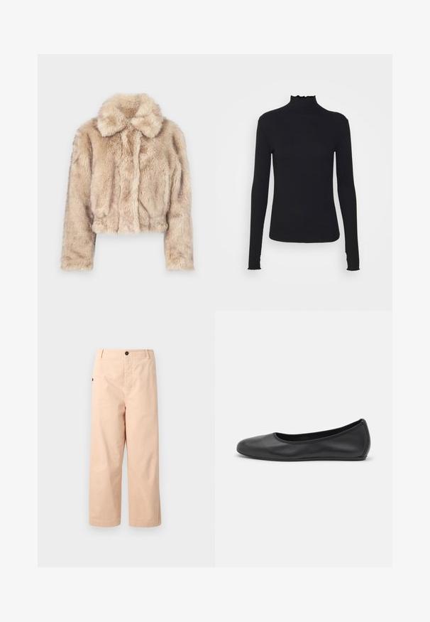 Kratka umetna krzna jakna v svetlo bež barvi, z izrezanim ovratnikom in mehko, puhasto teksturo, dolgimi rokavi in prilegajočim se robom.; Črn dolg rokav turtleneck zgornji del iz gladkega materiala, ki se ponaša z nabranim ovratnikom in prilegajočim silhueto s preprostimi robovi.; Bež iz čistega bombaža skrajšane hlače s ravnim krojem, ki imajo en sam gumb na pasu in stranske žepke. Gladka tekstura brez vzorcev.; Črne usnjene balerinke z zaobljenim nosom, gladko teksturo, minimalnimi šivi in fleksibilno zasnovo podplata.