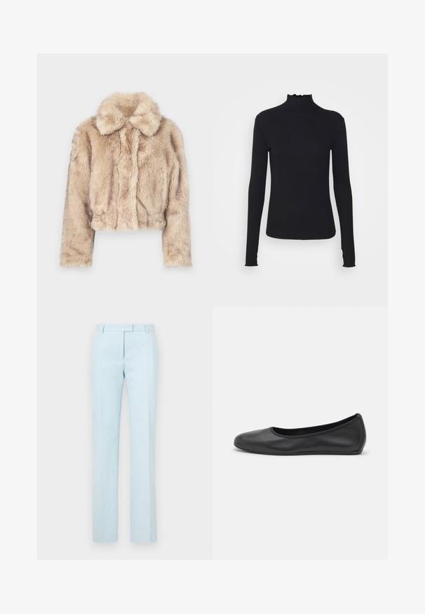 Izgriezta mākslīgā kažokādas jaka gaiši beidzē, ar iegriezumu apkakli un mīkstu, pūkainu tekstūru, ar garām piedurknēm un pieguļošu apakšmalu.; Melnas garām piedurknēm turtleneck blūze, izgatavota no gludas auduma, ar krokotu apkakli un pieguļošu siluetu, kas ir ar vienkāršām malām.; Gai zils fasonēts bikses ar taisnām kājām, plakanu priekšpusi un jostas cilpām. Izgatavotas no gludas auduma, ar smalku tekstūru un tīrām līnijām.; Melna ādas baleta kurpe ar noapaļotu purngalu, gludu tekstūru, minimālu šuvju detalizāciju un elastīgu zoles dizainu.