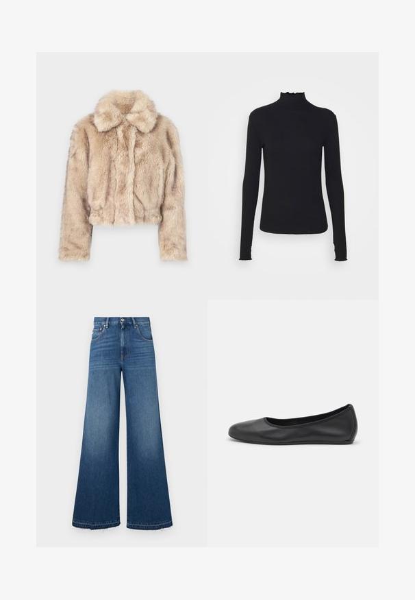 Casaco curto de pelo sintético em bege claro, com gola dentada e textura suave e fofinha, mangas longas e um acabamento ajustado.; Top preto de manga longa com gola alta, feito de um tecido suave, apresentando uma gola fruncida e uma silhueta ajustada com bordas simples.; Jeans de ganga de perna larga em azul escuro, com cintura alta, cinco bolsos e uma bainha desfiada para um ajuste descontraído e um estilo casual.; Bailarina preta em pele com bico arredondado, textura suave, detalhe de costura minimalista e design de sola flexível.