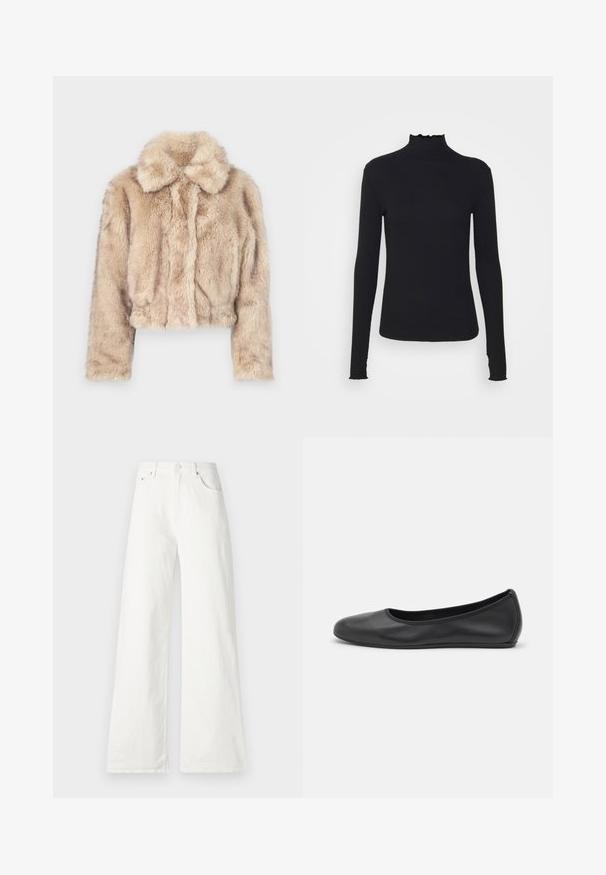 Zkrácená bunda z umělé kožešiny ve světle béžové barvě, s klopovým límcem a měkkou, nadýchanou texturou, dlouhými rukávy a přiléhavým lemem.; Černý dlouhý rukáv rolák vyrobený z hladkého materiálu, s volánkovým límcem a přiléhavým střihem s jednoduchými okraji.; Bílé široké džíny vyrobené z denimu, s vysokým pasem, designem s pěti kapsami a zapínáním na knoflík ve přední části. Hladká textura.; Černé kožené baletní byty s kulatou špičkou, hladkou texturou, minimálními švy a flexibilním designem podrážky.