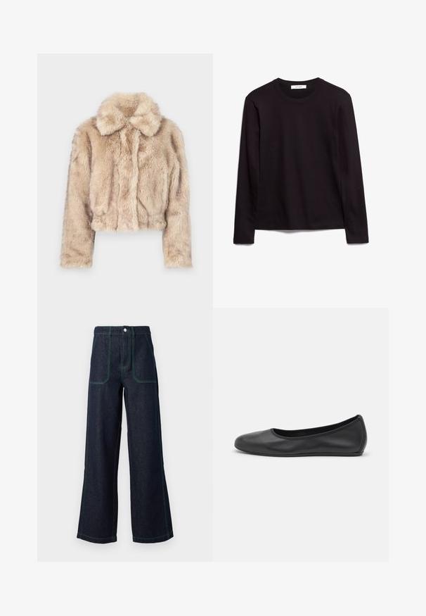 Cropped faux fur jacket in light beige, featuring a notched collar and soft, fluffy texture with long sleeves and a fitted hem.; Black long-sleeve crew neck t-shirt made of textured fabric, featuring a straight hem and stitched accents on the collar and shoulders.; Wide-leg dark denim jeans featuring green contrast stitching, five-pocket design, button closure, and a high waist silhouette.; Black leather ballet flat with a rounded toe, smooth texture, minimal stitching detail, and a flexible sole design.