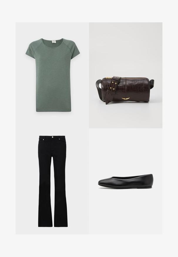 Kratka umetna krzna jakna v svetlo bež barvi, z izrezanim ovratnikom in mehko, puhasto teksturo, dolgimi rokavi in prilegajočim se robom.; T-maica s kratkimi rokavi in okroglim vratom v umirjeni zeleni barvi. Narejena iz mehkega, lahkotnega blaga z rahlo teksturo in sproščenim krojem. Preprost dizajn.; Črne zvonaste kavbojke iz denima, ki imajo dve sprednji žepi, gumbasto zapiranje in gladko teksturo. Oznaka zašite vidna na šivih.; Paul Smith TOPANGA - Balerinke - black; Brah blaženka iz rjavega usnja z embosiranim krokodilom, cilindrične oblike, zlatih kovinskih elementov in odstranljivim pasom, ki vsebuje žebljičke.