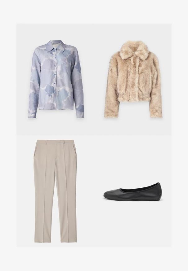 Šviesiai bežinė trumpa dirbtinio kailio striukė, su įpjovimu ant apykaklės, minkšta, pūkuota tekstūra, ilgomis rankovėmis ir aptemptu apvadu.; Šviesiai mėlynas mygtukinis marškinis iš minkštos medžiagos, su debesų tipo raštu, sulankstytu apykakle, ilgomis rankovėmis ir viena krūtinės kišenė.; Filippa K EMMA TROUSERS - Kelnės - desert tau; Juodai odiniai baletai su apvaliu pirštu, lygi texture, minimalus siuvimo detales ir lanksčiu padų dizainu.