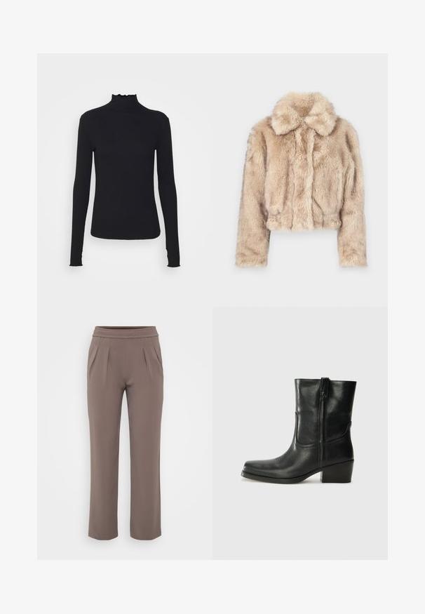 Skraćena jakna od umjetnog krzna u svijetlo bež boji, s prugastim ovratnikom i mekom, pahuljastom teksturom, dugim rukavima i uskim rubom.; Crni dugi rukav turtleneck majica izrađena od glatkog materijala, s volanima oko vrata i uskim siluetom s jednostavnim rubovima.; Taupe hlače širokog kroja s elastičnim pojasom i prednjim naborima, izrađene od glatkog materijala.; Crne kožne čizme do članaka s okruglim vrhom, blok potpeticom, bočnim patentnim zatvaračem i detaljima od šavova na gornjem dijelu. Glatka tekstura, klasičan dizajn.