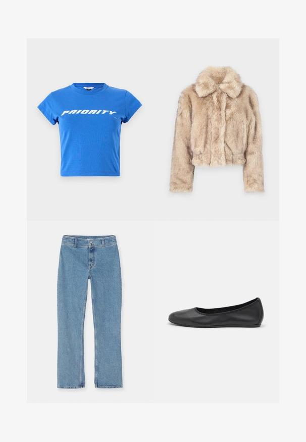 Chaqueta corta de pelo sintético en color beige claro, con cuello de muesca y textura suave y esponjosa, mangas largas y dobladillo ajustado.; Camiseta corta de algodón azul con mangas cortas y cuello redondo, con "PRIORITY" impreso en texto blanco en negrita a lo largo del pecho.; Jeans de denim de pierna recta en azul claro con cierre de botón y cremallera, trabillas para cinturón y costuras estándar sobre un fondo blanco.; Bailarina de piel negra con punta redondeada, textura suave, detalle de costura minimalista y diseño de suela flexible.