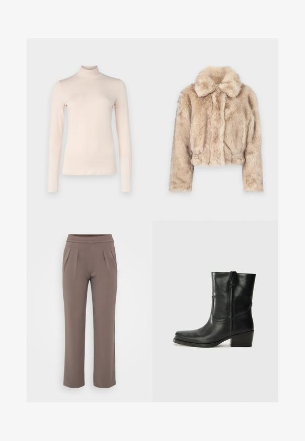 Zkrácená bunda z umělé kožešiny ve světle béžové barvě, s klopovým límcem a měkkou, nadýchanou texturou, dlouhými rukávy a přiléhavým lemem.; WEEKEND MaxMara MULTIF - Top s dlouhým rukávem - latte; Taupe volné kalhoty s elastickým pasem a předními záhyby, vyrobené z hladkého materiálu.; Černá kožená kotníková bota s kulatou špičkou, blokovým podpatkem, bočním zipem a prošíváním na svršku. Hladký povrch, klasický design.