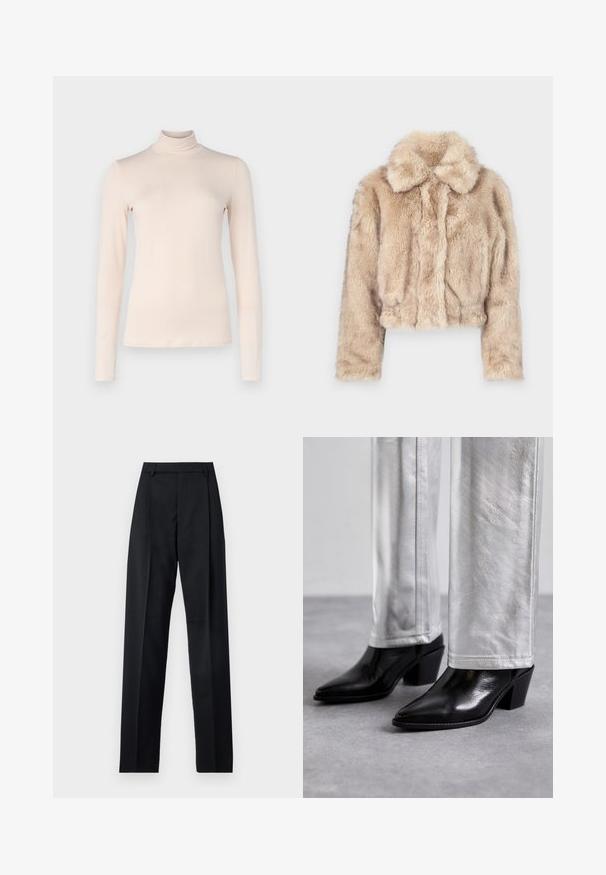 Cropped faux fur jacket in light beige, featuring a notched collar and soft, fluffy texture with long sleeves and a fitted hem.; WEEKEND MaxMara MULTIF - Long sleeved top - latte; Black trousers made from smooth fabric featuring a high waist, wide legs, front pleats, and classic belt loops. No side pockets visible.; Black leather ankle boots with a pointed toe and block heel, paired with shiny silver pants, showcasing sleek textures and contrasting colors.