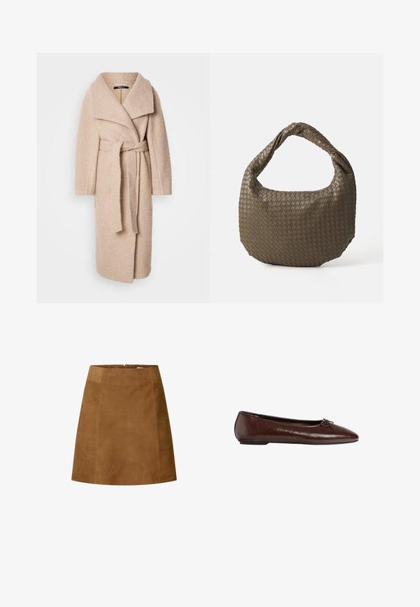 Beige Wollmischungsmantel mit Wickeldesign, breitem Reverskragen und passendem Gürtel. Weiche Textur und lockere Passform, knielang.; Helle beige Strickjacke mit langen Ärmeln, rundem Halsausschnitt und geripptem Saum. Weicher Textur, minimalistisches Design, keine sichtbaren Muster oder Akzente.; Brauner Wildleder-Minirock mit geradem Schnitt, der eine glatte Textur und einen Reißverschluss auf der Rückseite aufweist. Einfaches Design ohne zusätzliche Akzente.; Braune Leder-Ballettschuhe mit glatter Textur, spitzer Zehenpartie und einer Schleifenakzentierung auf der Vorderseite, ausgestattet mit einer niedrigen schwarzen Gummisohle.; Geflochtene olivgrüne Handtasche mit runder Form und gedrehter Tragegriff. Strukturiert Oberfläche mit diagonaler Musterung. Reißverschlussverschluss.