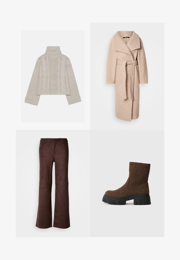 Beige ullblandad kappa med omslagdesign, bred notchkrage och matchande bälte. Mjuk textur och lös passform, knälång.; Beskurad, ljusgrå stickad tröja med hög krage och ribbade manschetter, med strukturerade kablar som går längs bakstycket och sidorna.; Bruna utsvängda byxor i ett mjukt, mockaliknande material. Har fyra fickor, ett knappstängning och en slät, strukturerad yta.; Bruna mockaläder ankelstövlar med en texturerad yta, rund tå och en kraftig svart gummisula med ett mönster.