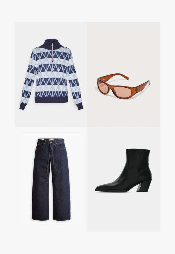 Brązowa skórzana kurtka z futrzanym kołnierzem, z zapięciem na zamek i kieszeniami po bokach. Charakteryzuje się matowymi czarnymi akcentami i teksturowanym wykończeniem.; Sweter dziergany z wysokim kołnierzem i zamkiem błyskawicznym. Ozdobiony geometrycznymi wzorami w kolorze granatowym, jasnoniebieskim i kremowym. Ribbed ściągacze przy rękawach i u dołu.; Młoda kobieta ubrana w oversize'ową beżowo-czarną koszulę w kratę, zakładaną na białą bluzkę crop top, szerokie ciemnoniebieskie dżinsy i jasne buty, stojąca na białym tle.; Spodnie dżinsowe w kolorze ciemnoniebieskim o szerokich nogawkach i wysokim stanie, z wiązaniem na sznurki, pięcioma kieszeniami oraz kontrastowymi detalami w staszcu.; Czarne skórzane botki sięgające kostki z ostrym noskiem, smukłą sylwetką i masywnym kwadratowym obcasem. Gładka tekstura z minimalnymi detalami szwów.; Brązowe okulary przeciwsłoneczne w kształcie prostokąta, wykonane z przezroczystego plastiku. Charakteryzują się zakrzywionymi ramionami oraz nazwą marki "ZIGN" po boku.; Brązowa pleciona skórzana torebka o zaokrąglonym kształcie, z plecionym uchwytem i zapięciem na zamek. Charakteryzuje się gładką teksturą i subtelnym detalem z logo.