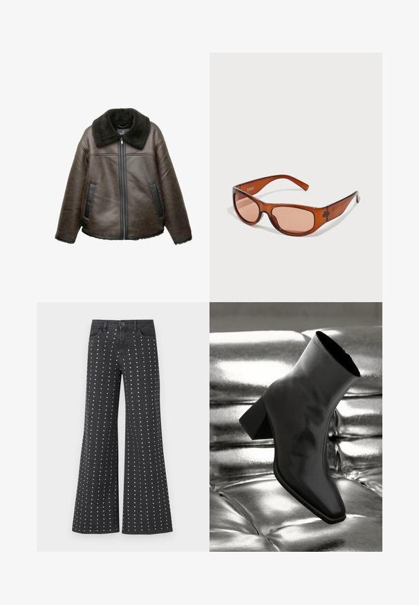 Brązowa skórzana kurtka z futrzanym kołnierzem, z zapięciem na zamek i kieszeniami po bokach. Charakteryzuje się matowymi czarnymi akcentami i teksturowanym wykończeniem.; Młoda kobieta ubrana w oversize'ową beżowo-czarną koszulę w kratę, zakładaną na białą bluzkę crop top, szerokie ciemnoniebieskie dżinsy i jasne buty, stojąca na białym tle.; Czarne dżinsy z rozszerzanymi nogawkami, zdobione wzorem małych srebrnych ćwieków ułożonych pionowo. Zawierają pięć kieszeni oraz zapięcie na guzik.; Czarne botki za kostkę wykonane z błyszczącego materiału, z kwadratowym noskiem i zwężającym się obcasem, na tle błyszczącego srebrnego tapicerowanego tła.; Brązowe okulary przeciwsłoneczne w kształcie prostokąta, wykonane z przezroczystego plastiku. Charakteryzują się zakrzywionymi ramionami oraz nazwą marki "ZIGN" po boku.; Brązowa pleciona skórzana torebka o zaokrąglonym kształcie, z plecionym uchwytem i zapięciem na zamek. Charakteryzuje się gładką teksturą i subtelnym detalem z logo.