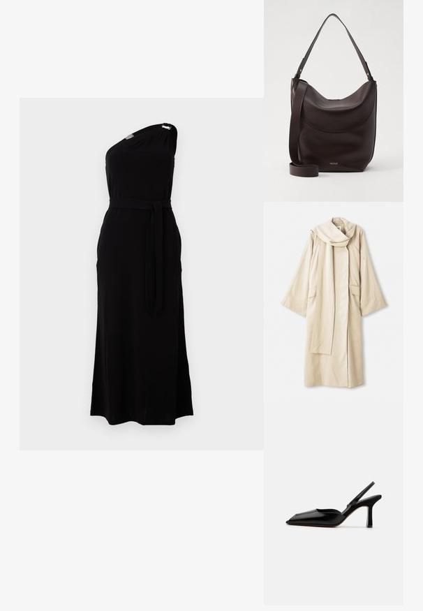 Beżowy szlafrok o swobodnym kroju i szerokich rękawach. Wykonany z lekkiego materiału, z dużym kołnierzem i dwiema przednimi kieszeniami.; Czarna sukienka na jedno ramię z miękkiego materiału. Posiada pasek w talii i boczne rozcięcie, z metalicznym akcentem na ramieniu. Długość do ziemi.; Czarne skórzane czółenka typu slingback z wąskim noskiem, minimalistyczny design, cienki pasek wokół kostki i elegancka szpilka. Gładka tekstura.; Ciemnobrązowa skórzana torba na ramię o zakrzywionym kształcie, z regulowanym paskiem i subtelnym złotym logo. Gładka faktura z minimalnymi akcentami.