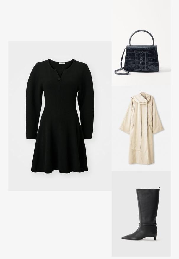 Bežs apmetnis ar plūstošu dizainu un platām piedurknēm. Izgatavots no viegla auduma, ar lielu apkakli un divām priekšnām kabatām.; Melna ribota kleita ar pieguļošu augšdaļu, izplestu svārku un garām piedurknēm. Iespējams, ka tai ir henley dekoltē ar vienu pogu kā detaļu.; Melnas ādas līdz ceļiem stīgas ar norādītu purngalu, akcentētas ar apaļu siksnu ap potīti un zemu, sašaurinātu papēdi. Gluda tekstūra.; Melnas krokodila rakstā izgatavota ādas rokassoma ar strukturētu dizainu, augšējo rokturi, regulējamu siksnu un izteiktu priekšējo logotipa detaļu.