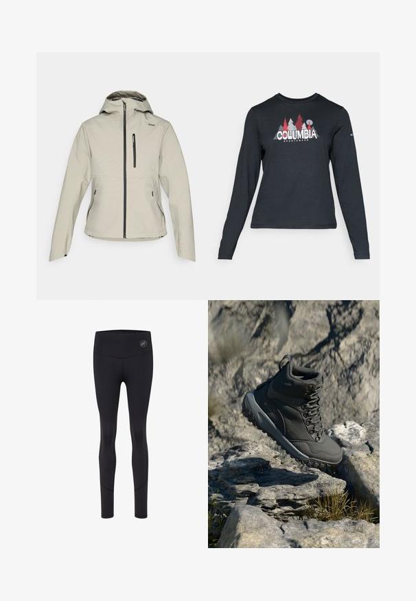 Ljusbeige hoodie-jacka med framdragkedja, dragkedjeförsedd bröstficka och två dragkedjeförsedda sidfickor, designad för utomhusbruk.; Långärmad mörkgrå tröja med grafik av röda träd och berg; "COLUMBIA"-logotyp i fet vit text. Mjukt tyg, standard rund hals.; Svarta träningsleggings med hög midja, med en logotyp framtill, slät textur och en kroppsnära design.; Mörkgrå vandringskänga i syntetmaterial, med vadderad krage, metallöglor och strukturerad gummisula för grepp.