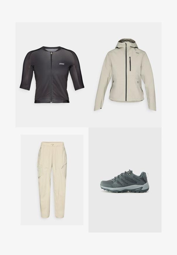 Giacca cappuccio color beige chiaro con zip frontale, tasca sul petto con zip e due tasche laterali con zip, progettata per l'uso all'aperto.; Maglia da ciclismo nera con maniche a tre quarti, zip frontale e branding minimal. Realizzata in un tessuto liscio ed elastico con un design aderente.; Pantaloni cargo beige chiaro con vita elastica, tasche con zip e dettagli a pannello. Realizzati in un tessuto morbido e leggero.; Scarpe da trekking di colore grigio scuro con tomaia in rete e suède, design con lacci, suola imbottita e suola robusta con motivo antiscivolo.