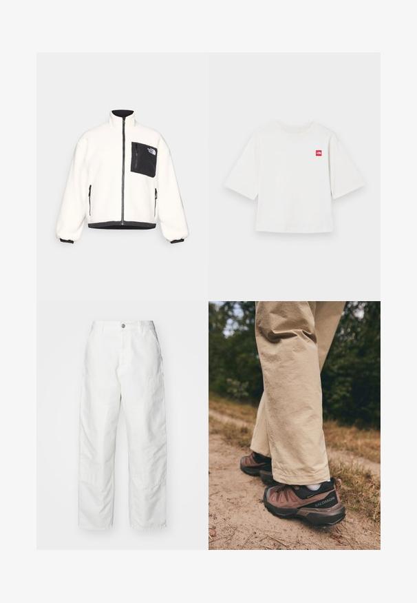 Hvid fleecejakke med høj krave, frontlynlås og sort lynlåslomme på brystet. Har ribbede manchetter og en sort kant.; Hvid kortærmet t-shirt lavet af bomuld. Har et lille rødt firkantet logo på venstre brystområde. Lige pasform. Blød tekstur.; Hvide cargo-bukser lavet af denim, med en afslappet pasform, sidelommer og synlige syninger. Ensfarvet front med knaplukning.; Salomon X ULTRA 360 LTR GORE TEX - Hikingsko - cognac/peppercorn/black