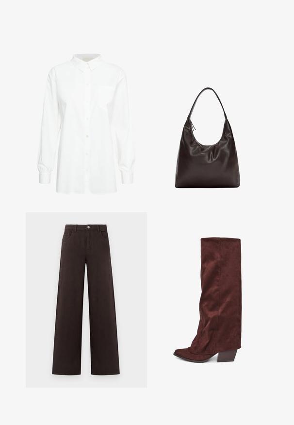 Blazer in pelle scamosciata marrone con revers a specchio, quattro bottoni, due tasche frontali e una vestibilità affusolata. Tessitura liscia con un design minimalista.; Camicia bianca a maniche lunghe con bottoni in cotone. Presenta un colletto classico, una tasca unica sul petto e polsini arricciati. Texture morbida.; Pantaloni a gamba larga in cotone di colore marrone scuro. Presentano una chiusura con bottone e tasche frontali, con una superficie liscia e linee pulite.; Stivali in camoscio bordeaux al ginocchio con punta appuntita e tacco chunky. Texture liscia con cuciture visibili lungo la cucitura.; Borsa a spalla in pelle marrone con un design morbido e slouchy. La borsa presenta una tracolla ampia e una forma minimalistica, completata da una texture sottile.