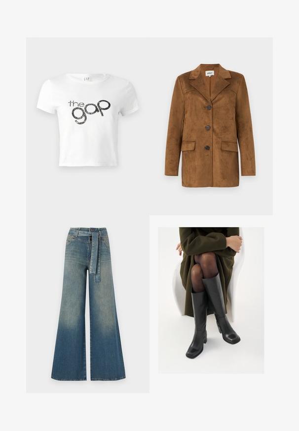 Brązowa skórzana marynarka z klapami, czterema guzikami, dwoma przednimi kieszeniami i tapered fit. Gładka faktura z minimalistycznym wzornictwem.; Biała, skrócona koszulka z bawełny z czarnym, brokatowym logo "the gap" na przodzie. Krótkie rękawy i okrągły dekolt.; Szerokie spodnie dżinsowe z gradientem od jasnoniebieskiego do ciemnoniebieskiego, wysokim stanem, szlufkami na pasek oraz pasującym paskiem z tkaniny. Teksturowany wykończenie dżinsu.; Kozaki skórzane do kolan w kolorze czarnym, z kwadratowym noskiem i słupkowym obcasem, pokazane na modelce siedzącej w oliwkowej zielonej kurtce. Gładka tekstura, minimalne detale.