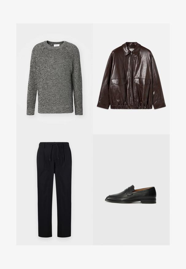 Braune Lederjacke mit Reißverschluss auf der Vorderseite, großen Brusttaschen und elastischem Bund. Verfügt über einen spitzen Kragen und eine glatte Textur.; Grauer Strickpullover mit Rundhalsausschnitt und langen Ärmeln. Strukturmuster über das gesamte Kleidungsstück, mit einer entspannten Passform und gerippten Bündchen.; Schwarze Hose aus glattem Stoff, mit einem Kordelzugbund, geraden Beinen und einer Vorderfalte für einen strukturierten Look.; Schwarze Leder-Slipper mit runder Zehenform, dezenten gestickten Details und niedrigem Absatz, ausgestattet mit glatter Textur und minimalistischem Design.