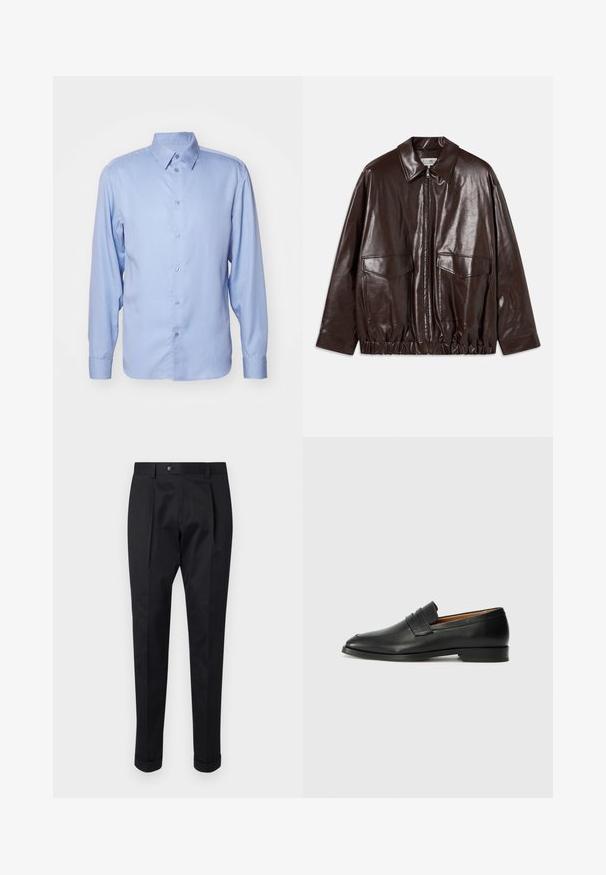 Chaqueta de cuero marrón con cierre frontal de cremallera, grandes bolsillos en el pecho y cintura elástica. Presenta un collar invertido y una textura suave.; Camisa de manga larga de color azul claro, fabricada en tejido suave, con cuello clásico, botonera y un corte entallado con puños abotonados.; Pantalones negros de tejido suave, con un pliegue en la parte delantera, cierre de botón y puños enrollados en el tobillo.; Mocasín de cuero negro con punta redonda, detalles de costura sutil y un tacón bajo, que presenta una textura suave y un diseño minimalista.