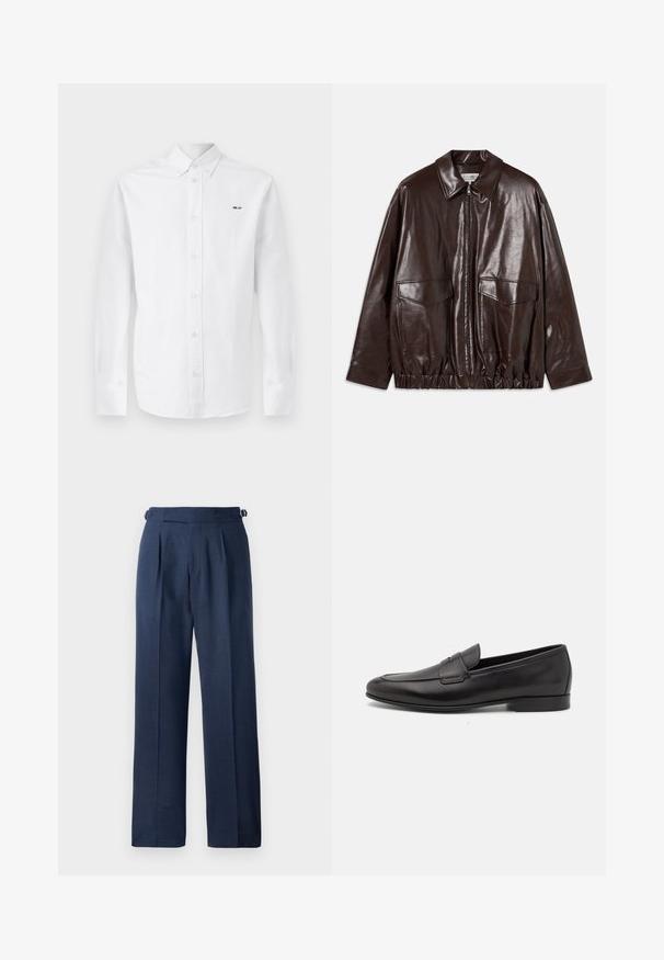Ruskea nahkatakki, jossa on vetoketju edessä, suuret rintataskut ja elastinen vyötärö. Takissa on kärkipanta ja sileä pinta.; Valkoinen pitkähihaisessa puuvillapaidassa on napitus edessä, vaaleanpunaiset napit ja musta teksti "NN. 07" vasemmassa rinnassa.; Navy blue muotoillut housut, valmistettu teksturoidusta kankaasta, korkea vyötärö, päältä taitoksia ja säädettävät sivuratkaisut istuvuutta varten.; Musta nahkainen miesten loaferi, jossa on matala korko ja klassinen penny-nauha, esitelty sivuprofiilissa valkoista taustaa vasten.