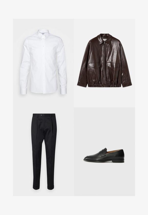 Jachetă din piele maro, cu fermoar frontal, buzunare mari pe piept și talie elasticizată. Dispune de un guler ascuțit și o textură netedă.; Cămașă albă cu mâneci lungi, guler ascuțit, închidere cu nasturi și fabricată din bumbac neted. Dispune de nasturi la manșete și un croi adaptat.; Pantaloni negri dintr-un material neted, cu o pliță în față, închidere cu nasture și manșete răsucite la gleznă.; Lofer din piele neagră, cu vârf rotund, detalii cusute subtile și toc jos, având o textură netedă și un design minimalist.