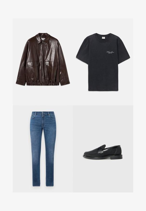Giacca in pelle marrone con zip frontale, grandi tasche sul petto e vita elasticizzata. Presenta un colletto a punta e una texture liscia.; T-shirt nera a maniche corte con collo rotondo, dotata di un piccolo logo bianco "Filling Pieces" sul lato sinistro del petto.; Jeans in denim blu a vestibilità dritta con chiusura anteriore a bottone e zip, e cinque tasche, esposti su uno sfondo bianco.; Scarpa nera a mocassino intrecciata con un accentuato in pelle liscia sulla parte superiore, design a punta rotonda e suola in gomma a profilo basso.