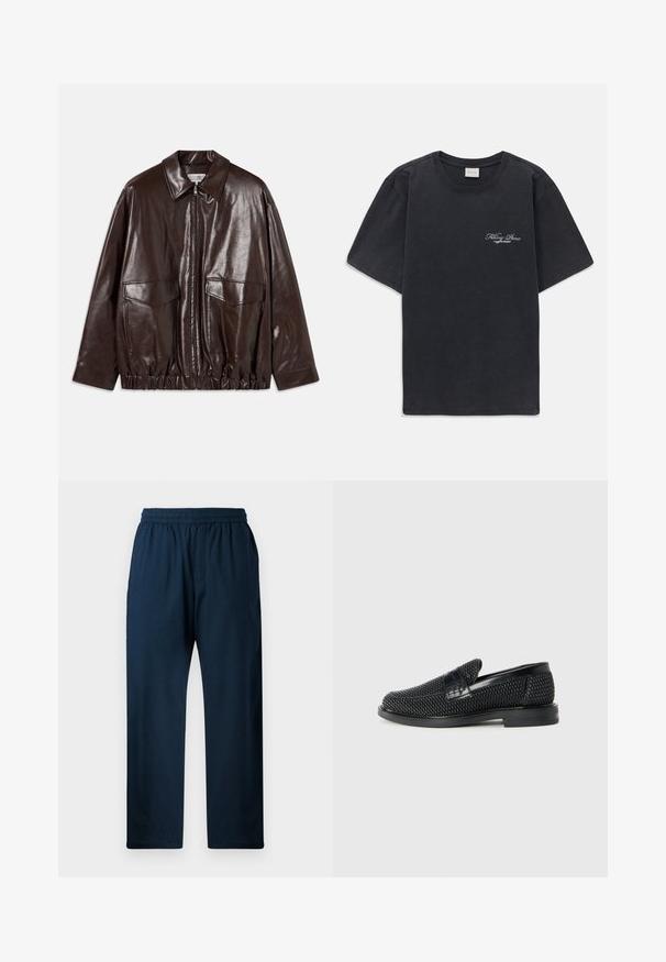 Pruun nahktagi, millel on lukuga esiosa, suured rinnakotid ja elastne vöökoht. Omab teravat kraed ja siledat tekstuuri.; Must have lühikesed varrukad ümmarguse kaelusega must T-särk, millel vasakul rinnal on väike valge "Filling Pieces" teksti logo.; Tumesinine, puuvillaseguse kangaga püksid, millel on elastne vöökoht, sirge säärega disain, küljetaskud ja sile tekstuur.; Must musta kootud slip-on king, millel on pehme nahast accent ülaserval, ümmargune varvas ja madal profiiliga kummitald.