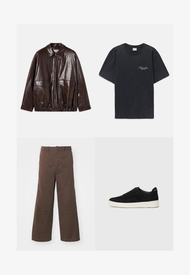 Chaqueta de cuero marrón con cierre frontal de cremallera, grandes bolsillos en el pecho y cintura elástica. Presenta un collar invertido y una textura suave.; Camisa de tirantes negra con cuello redondo y logo pequeño en blanco de "Filling Pieces" en el lado izquierdo del pecho.; Pantalones de pierna ancha marrones hechos de algodón resistente. Cuenta con bolsillos frontales de parche y detalles reforzados en las rodillas para mayor funcionalidad.; Zapatilla de ante negra con diseño de cordones y suela de goma blanca contrastante. Presenta paneles laterales texturizados y un sutil logo en el talón.