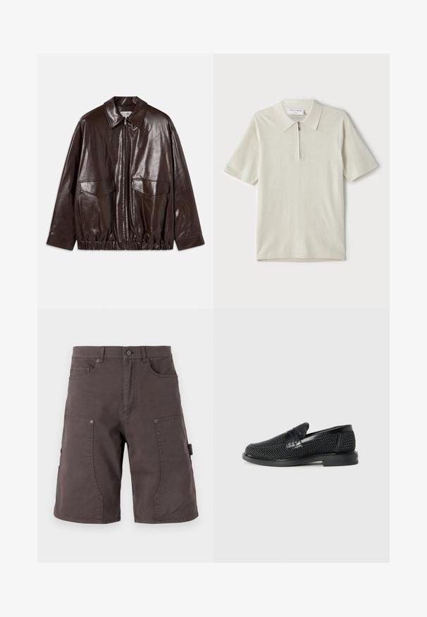 Chaqueta de cuero marrón con cierre frontal de cremallera, grandes bolsillos en el pecho y cintura elástica. Presenta un collar invertido y una textura suave.; Polo de manga corta en un beige claro con cuello con cremallera. Fabricado en un tejido suave, presenta un diseño sencillo y moderno sin patrones.; Pantalones cortos cargo de color gris oscuro, fabricados en algodón, con bolsillos delanteros, bolsillos laterales cargo, cierre de botón y detalle de costura en las piernas.; Zapato negro de tejido con un acento de cuero suave en la parte superior, diseño de punta redonda y suela de goma de perfil bajo.