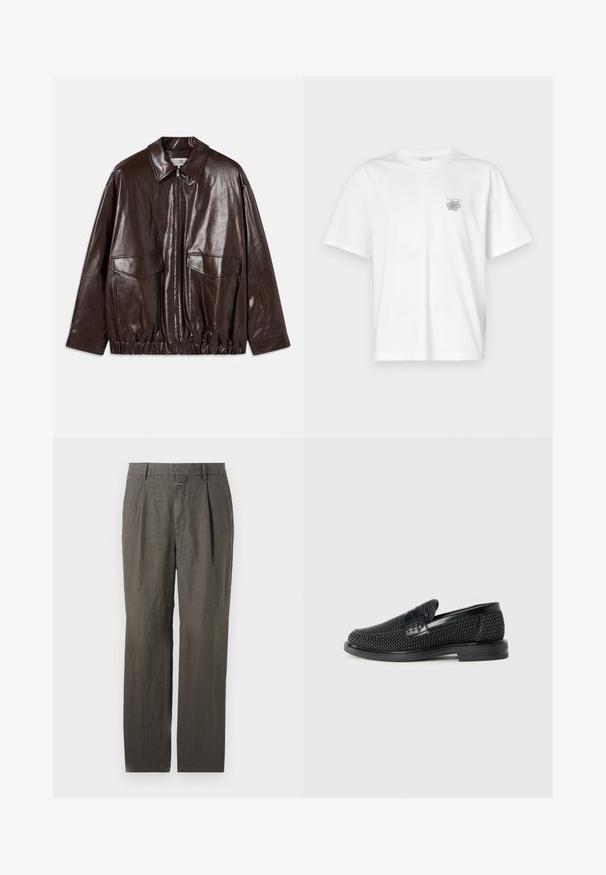 Brown leather jacket with a zip front, large chest pockets, and elasticized waistband. Features a pointed collar and smooth texture.; White t-shirt made of cotton featuring short sleeves, a crew neck, and a small gray logo on the left chest area. Smooth texture.; Grey linen trousers with a straight leg design, featuring front pleats and a waistband with a discreet button closure. Smooth texture.; Black woven slip-on shoe with a smooth leather accent on the upper, a round toe design, and a low-profile rubber sole.