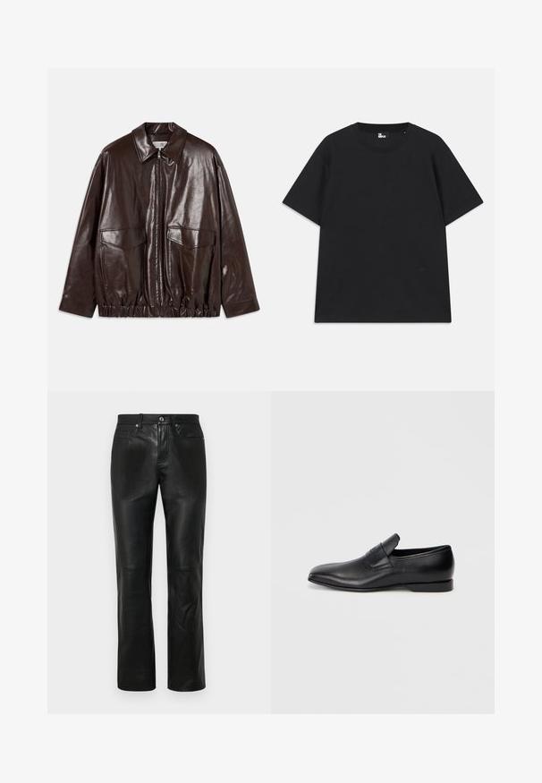 Brown leather jacket with a zip front, large chest pockets, and elasticized waistband. Features a pointed collar and smooth texture.; Black short-sleeve t-shirt made of cotton, featuring a round neckline and a small logo detail near the hem. Smooth texture, regular fit.; Black leather pants with a straight leg design, featuring a button closure, four pockets, and smooth texture. Reinforced stitching details visible.; Black leather slip-on shoe with a pointed toe, smooth texture, and subtle branding on the side. Low heel with a clean, minimal design.