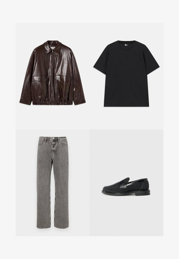 Ruda odinė striukė su užtrauktuku, didelėmis krūtinėmis kišenėmis ir elastinga juosmena. Ypatybės: smailas apykaklė ir lygus paviršius.; Juoda trumpomis rankovėmis marškinėliai iš medvilnės, su apvalia iškirpte ir mažo logo detale šalia apatinės siūlės. Lygus paviršius, standartinė silueto forma.; Pilki džinsai su tiesiu kirpimu, penkiomis kišenėmis ir mygtuku užsegimui ant liemens. Subtilus išblukęs tekstūros efektas visame paviršiuje.; Juodas pintas slip-on tipo batelis su lygiu odiniu akcentu viršuje, apvalios nosies dizainas ir žemas guminis padas.