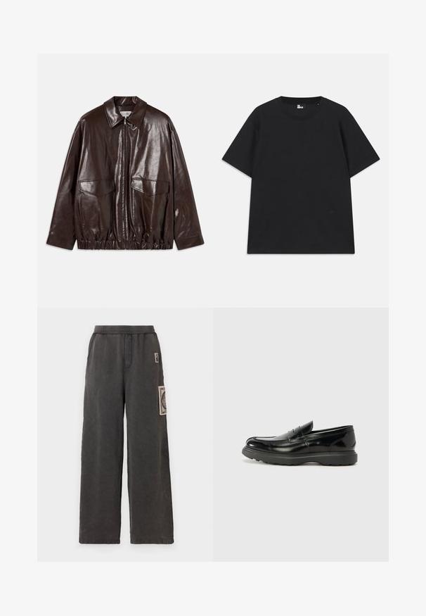 Brun læderjakke med lynlås foran, store brystlommer og elastisk talje. Har en spids krave og glat tekstur.; Sort kortærmet t-shirt lavet af bomuld, med rund halsudskæring og en lille logo detalje nær kanten. Glat tekstur, normal pasform.; Bredde bukser i mørkegrå stof, med et dekorativt patch på frontlommen og en elastisk talje for komfort.; Sort læderloafer med en blank finish, rund tå, subtile syninger og en tyk gummisål for holdbarhed.