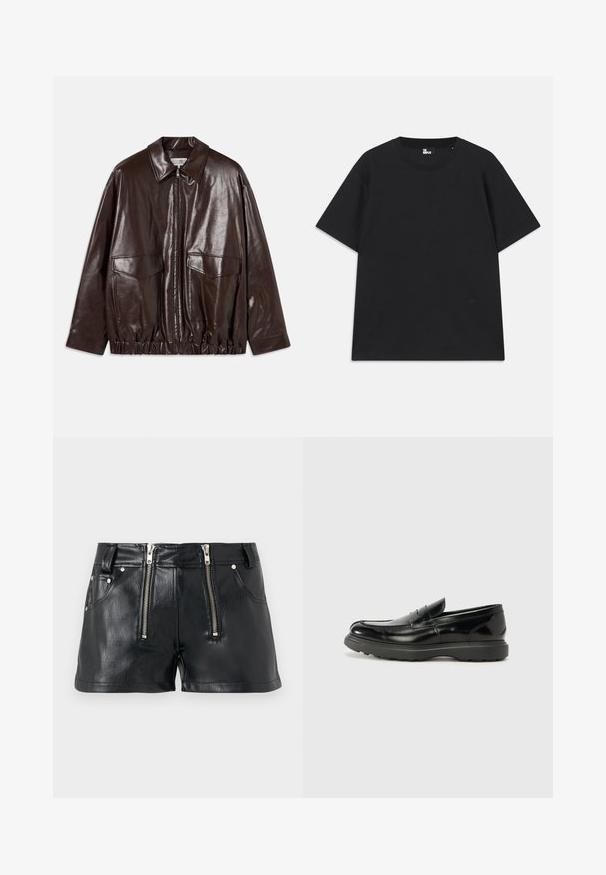 Brown leather jacket with a zip front, large chest pockets, and elasticized waistband. Features a pointed collar and smooth texture.; Black short-sleeve t-shirt made of cotton, featuring a round neckline and a small logo detail near the hem. Smooth texture, regular fit.; Black faux leather shorts featuring double front zippers, two side pockets, and a smooth, shiny texture. Short length and tailored fit.; Black leather loafer with a glossy finish, rounded toe, subtle stitching details, and a thick rubber sole for durability.