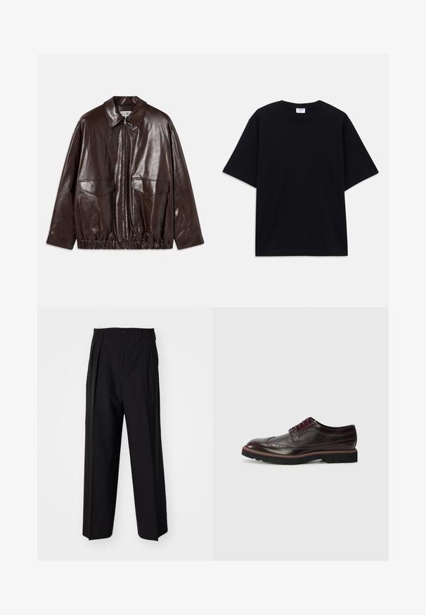 Brun læderjakke med lynlås foran, store brystlommer og elastisk talje. Har en spids krave og glat tekstur.; Sort oversized T-shirt med korte ærmer og rund halsudskæring, med synlig Filippa K mærke indeni kraven.; Sorte plisserede bukser med et lige, bred ben-design. Fremstillet af glat stof, med en knaplukning og bæltesløjfer.; Brune læder brogues med perforerede detaljer, en rund tå, tekstilaccenter og en sort gummisål med en farvet kant.