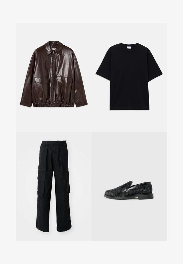 Brown leather jacket with a zip front, large chest pockets, and elasticized waistband. Features a pointed collar and smooth texture.; Black short-sleeve oversized T-shirt with round neckline and visible Filippa K brand label inside the collar.; Black wide-leg cargo pants with elastic waistband, button closure, large front and side flap pockets, displayed on white background.; Black woven slip-on shoe with a smooth leather accent on the upper, a round toe design, and a low-profile rubber sole.