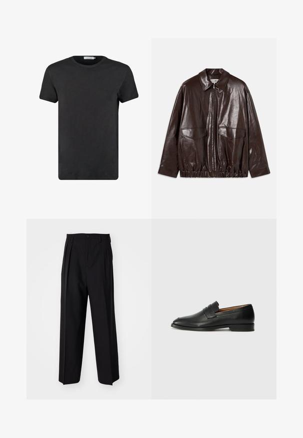 Brown leather jacket with a zip front, large chest pockets, and elasticized waistband. Features a pointed collar and smooth texture.; Black cotton t-shirt with a round neckline and short sleeves. The fabric has a smooth texture and no patterns or accents. Regular fit.; Black pleated trousers with a straight, wide-leg design. Made from smooth fabric, featuring a button closure and belt loops.; Black leather loafer with a rounded toe, subtle stitched detailing, and a low heel, featuring a smooth texture and minimalist design.