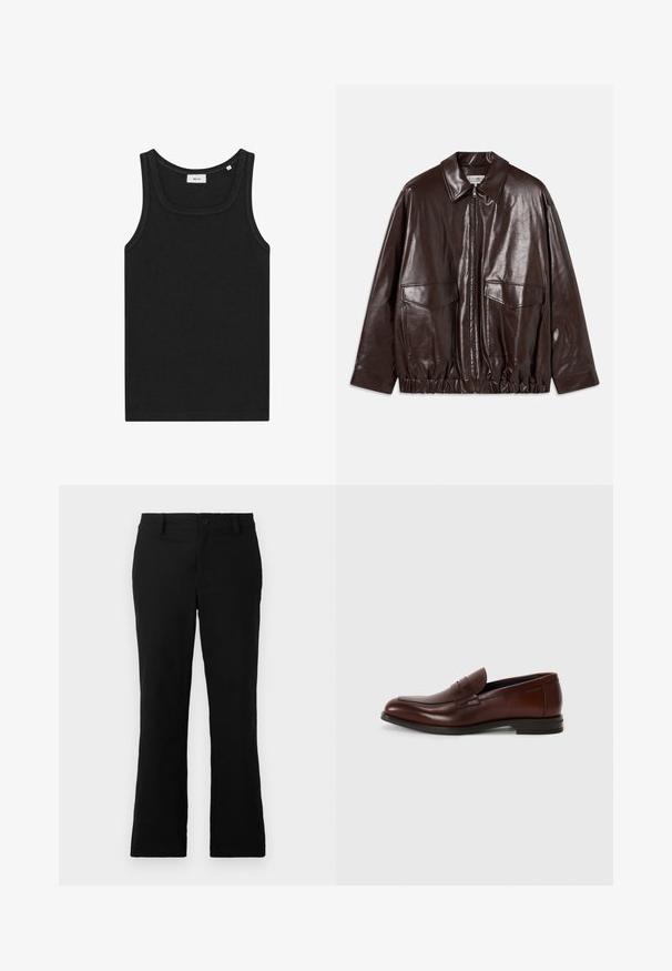 Barna bőr dzseki, elől cipzárral, nagy mellzsebekkel és rugalmas derékkal. Jellemzői a hegyes gallér és a sima textúra.; Fekete ujjatlan top, puha anyagból készült. Lekerekített nyakkivágással és tiszta szélekkel rendelkezik, egyszerű designt és látható logók nélküli megjelenést kínál.; Fekete, harang fazonú nadrág, pamut keverékből készült, gombos záródással, övhurkokkal és sima textúrával, látható minták nélkül.; Barna bőr loaferek lekerekített orral, elülső pánt részlettel és alacsony, stílusos sarokkal. Sima textúra minimális díszítéssel.